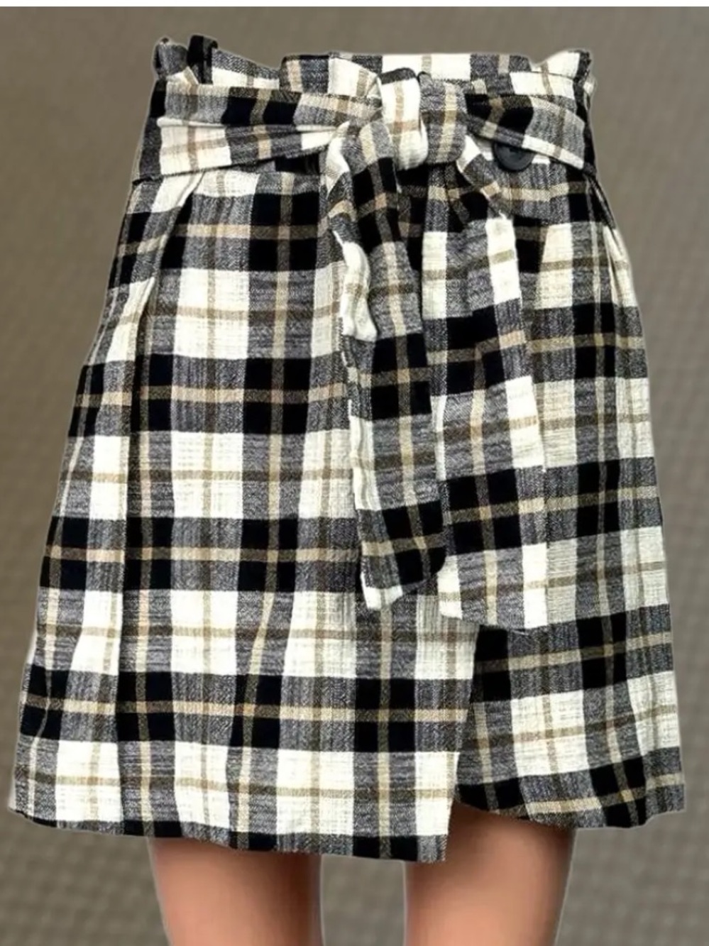 Zara Black and White Plaid Paperbag Tie-Waist Mini Skirt